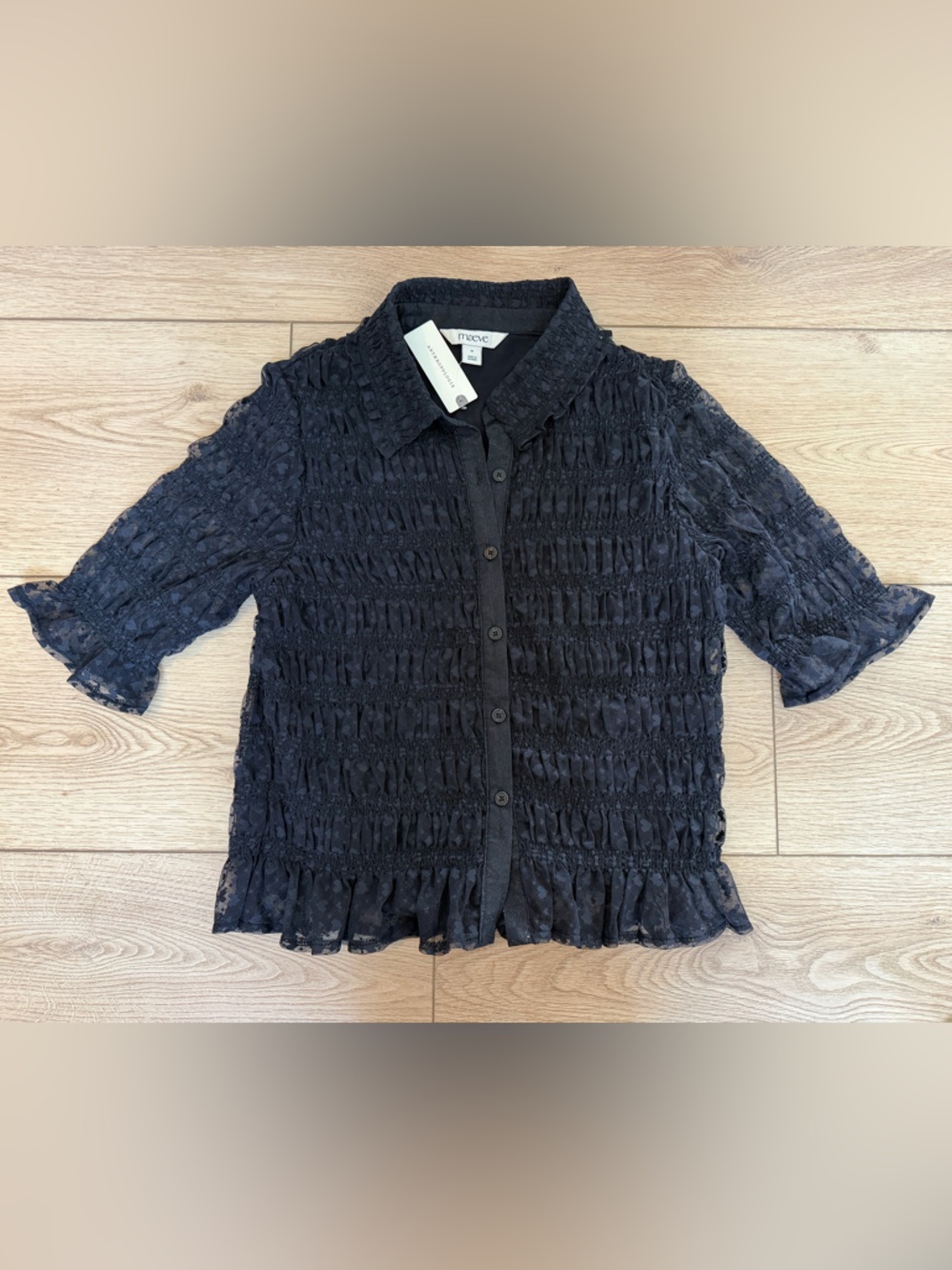 Maeve Anthropology Black Ruffled Smocked Short-Sleeve Blouse